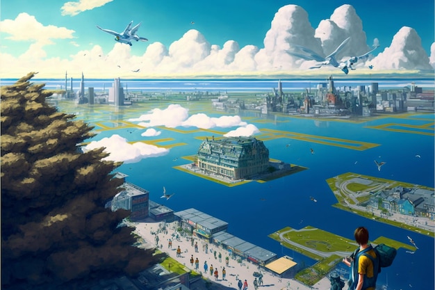 Een schilderij van een stad met een blauwe lucht en een jongen die naar een groot gebouw kijkt met in de verte een vliegtuig.