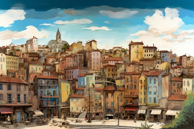 Een schilderij van een stad met een blauwe lucht en een wit gebouw.