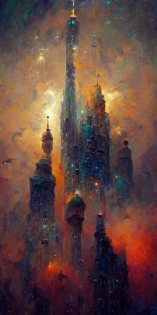 Een schilderij van een stad met een hemelse achtergrond en de woorden 'de stad van dromen'