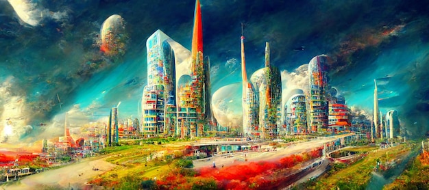 Een schilderij van een stad met een planeet in het midden