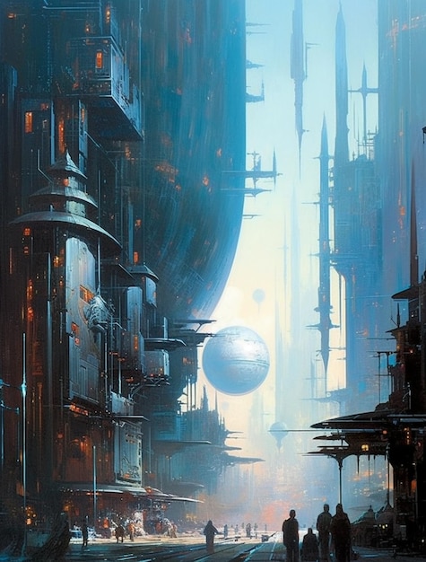 Een schilderij van een stad met een planeet op de achtergrond.