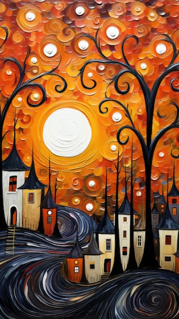 Een schilderij van een stad met een zonsondergang op de achtergrond ai