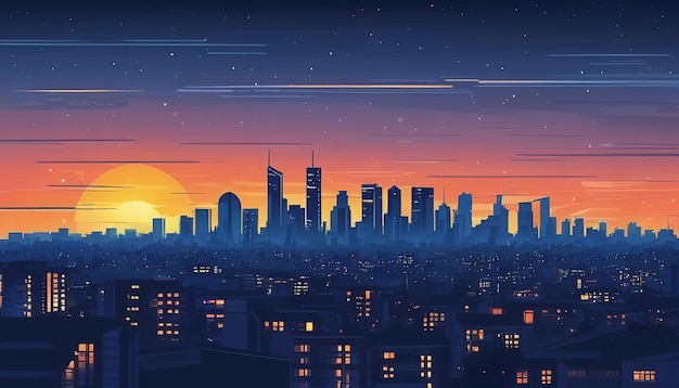 een schilderij van een stads skyline met een zonsondergang op de achtergrond