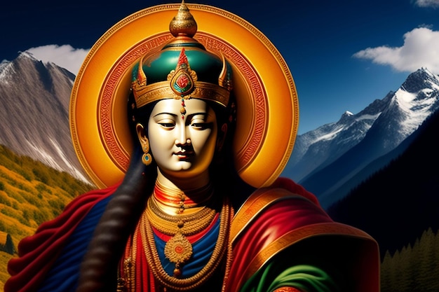 Een schilderij van een standbeeld van een god met een berg op de achtergrond.