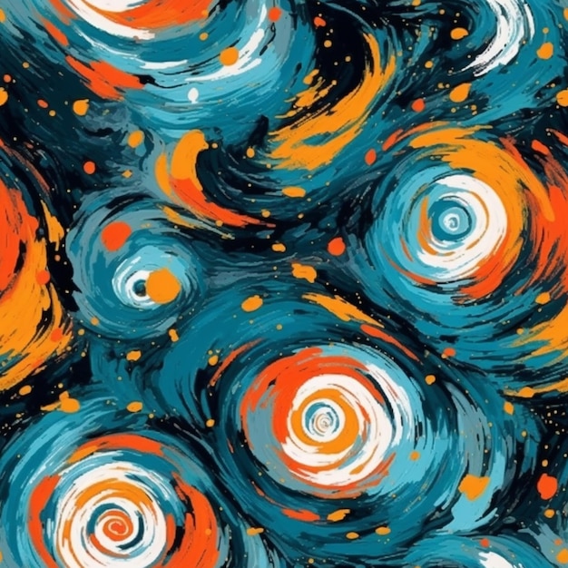 Een schilderij van een stel cirkels met oranje en blauwe verf generatieve ai