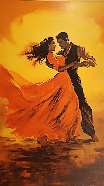 Een schilderij van een stel dat danst in een gouden zonsondergang.