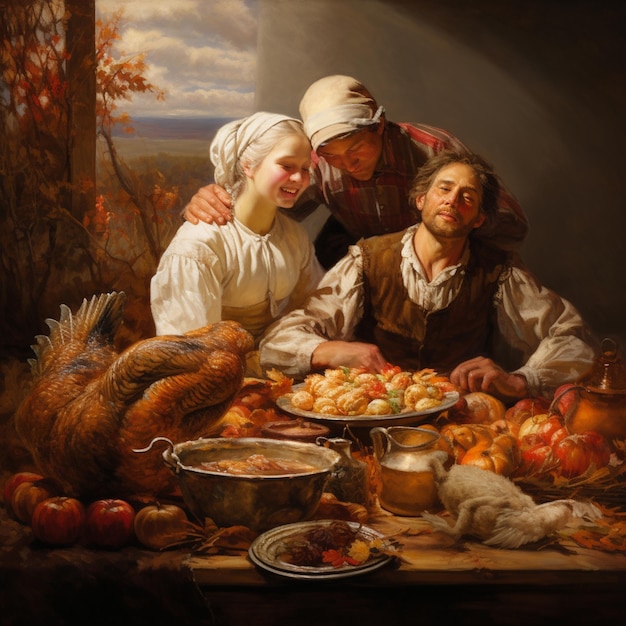 Een schilderij van een stel en een man met een vrouw met een hoed en een vrouw met een hoed staat naast een bord eten.