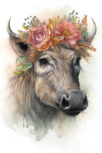 Een schilderij van een stier met een bloemenkroon