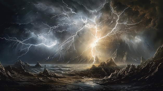 Een schilderij van een storm met een bliksemschicht aan de horizon.