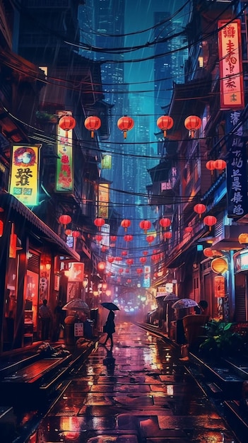 Een schilderij van een straat in Hongkong