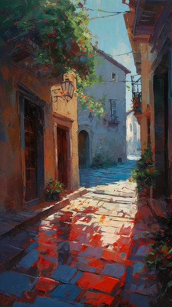 Een schilderij van een straat in Italië