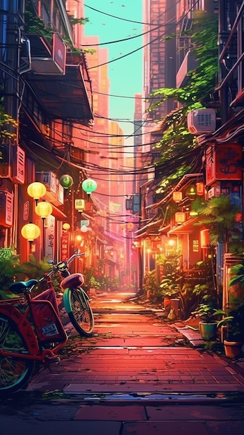 Een schilderij van een straat met een fiets en een bord met de tekst 'city of tokyo'