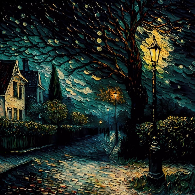 Een schilderij van een straat met een straatlantaarn en de maan op de achtergrond.