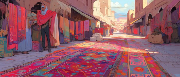 een schilderij van een straat met een tapijt op de grond
