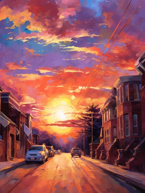 Een schilderij van een straat met een zonsondergang op de achtergrond