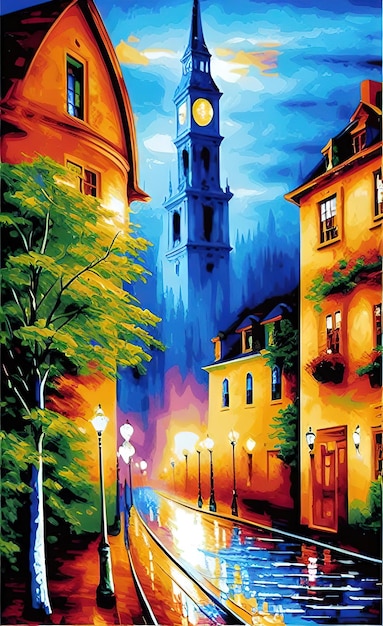 Een schilderij van een straatbeeld met in de verte een klokkentoren.