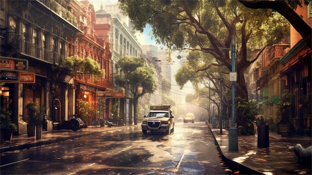 Een schilderij van een straatbeeld waar een auto doorheen rijdt.