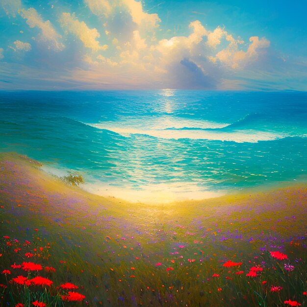 Een schilderij van een strand met bloemen en een blauwe lucht met wolken.