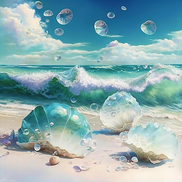 Een schilderij van een strand met bubbels en een blauwe lucht.