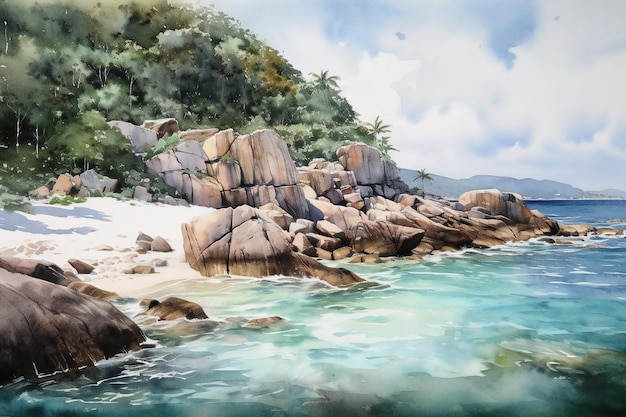 Een schilderij van een strand met een blauwe lucht en de zee op de achtergrond.