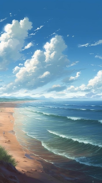 Een schilderij van een strand met een blauwe lucht en wolken