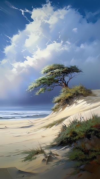 Een schilderij van een strand met een boom erop
