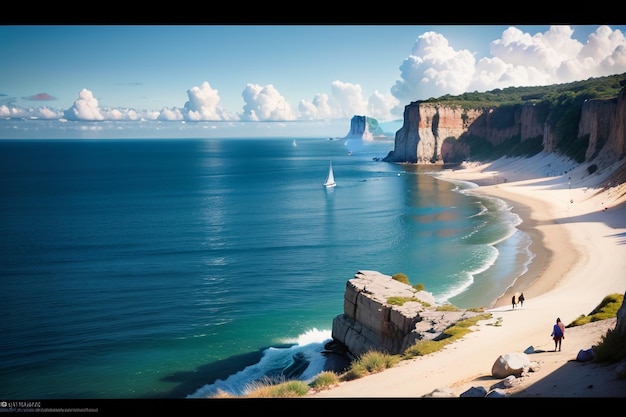 Een schilderij van een strand met een klif op de achtergrond