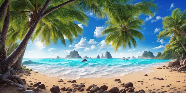 Een schilderij van een strand met een palmboom en een strand met een blauwe lucht en wolken.
