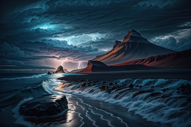 Een schilderij van een strand met een stormachtige lucht en een storm op de achtergrond.