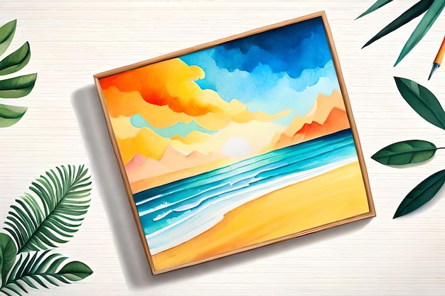 Een schilderij van een strand met een tropisch blad aan de muur.