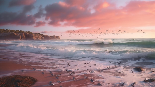 Een schilderij van een strand met een zonsondergang en vogels die in de lucht vliegen.