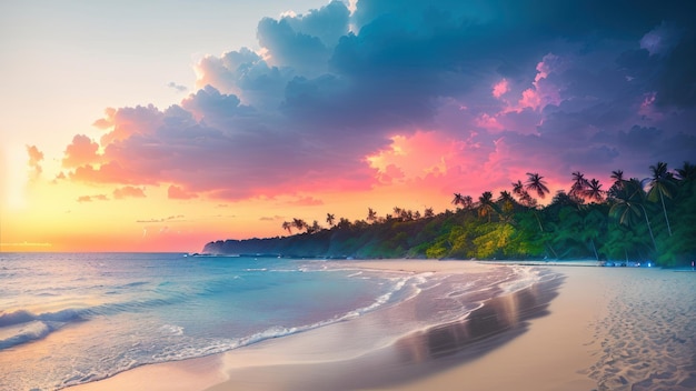 Een schilderij van een strand met een zonsondergang op de achtergrond.