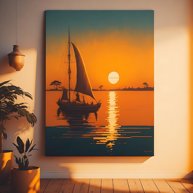 Een schilderij van een strand met een zonsondergang op de achtergrond