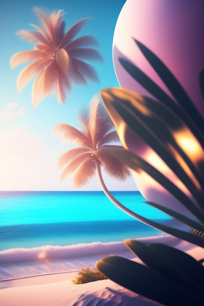 Een schilderij van een strand met palmbomen en de lucht op de achtergrond.