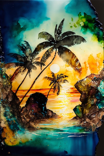 Foto een schilderij van een strand met palmbomen en een zonsondergang.
