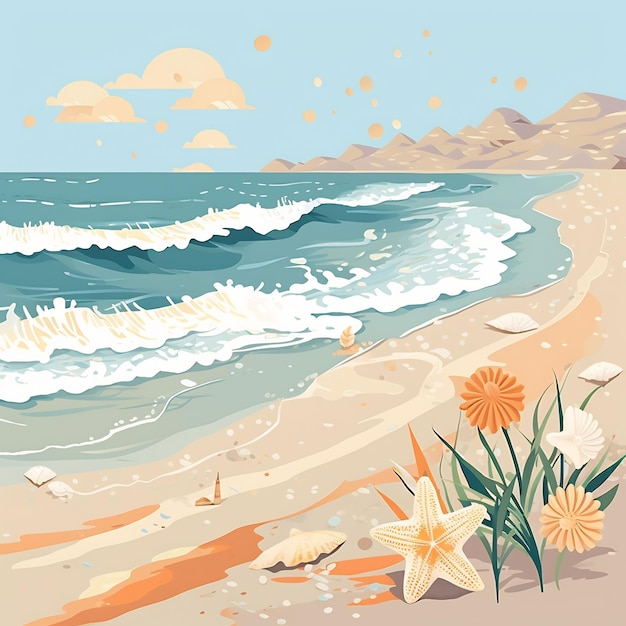 een schilderij van een strand scène met bloemen en bergen in de achtergrond