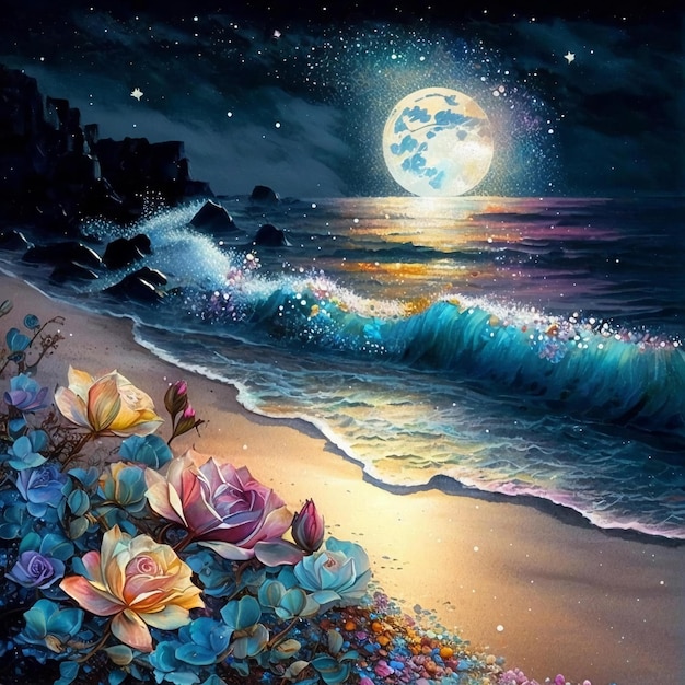 Een schilderij van een strandtafereel met bloemen en de maan