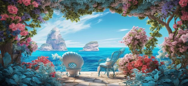 Een schilderij van een strandtafereel met een stoel en uitzicht op zee.