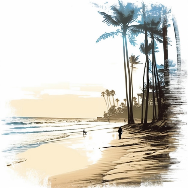een schilderij van een strandtafereel met palmbomen en een man die over het strand loopt.
