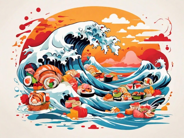 een schilderij van een surfer op een bord met de woorden "sushi" erop