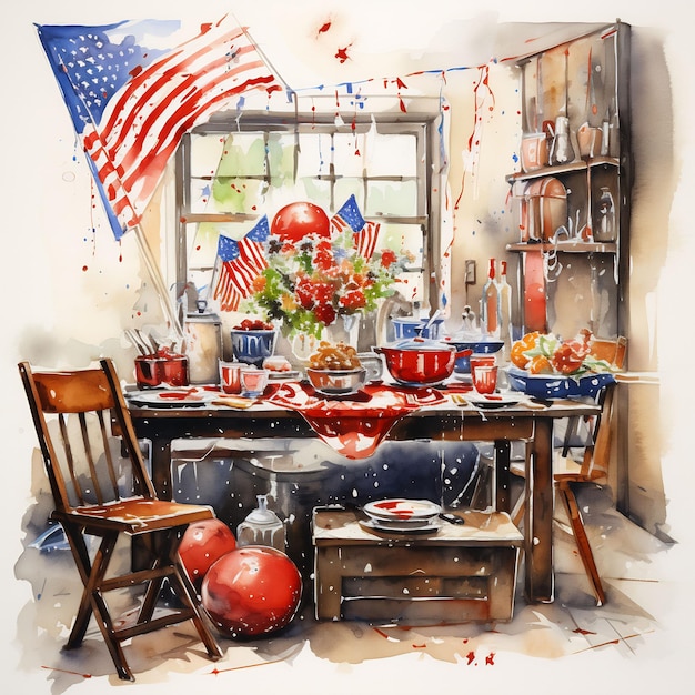 een schilderij van een tafel met een vlag en een vlag op de achtergrond