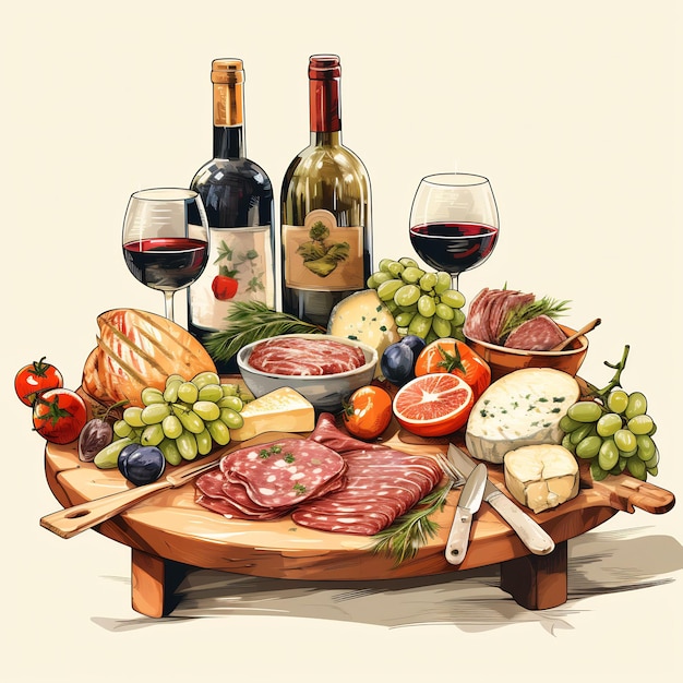 een schilderij van een tafel met wijn kaas vlees en wijn glazen