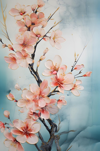een schilderij van een tak met roze bloemen. Aquarel schilderij van een perzikkleurige bloem. Ideaal voor