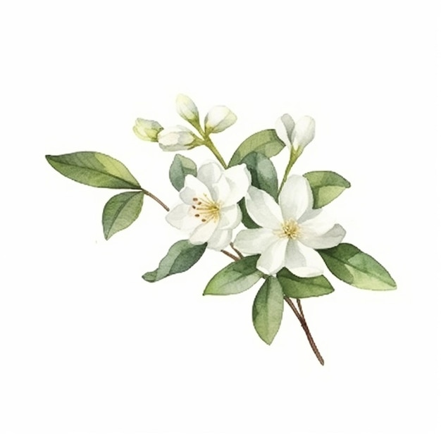een schilderij van een tak witte bloemen met groene bladeren generatieve ai