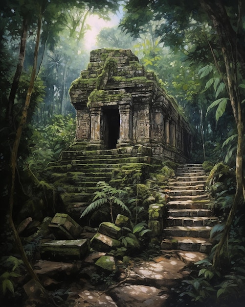 Een schilderij van een tempel in de jungle