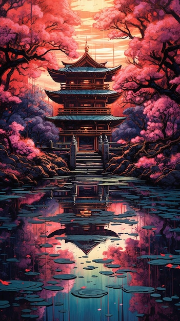 Een schilderij van een tempel in Japan