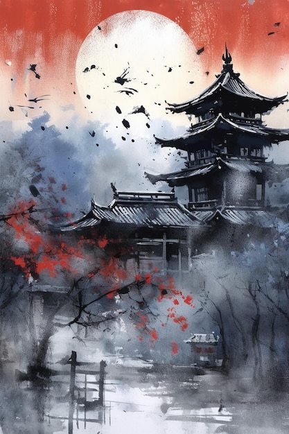Een schilderij van een tempel met een rode lucht en de woorden "het woord" bovenaan. "