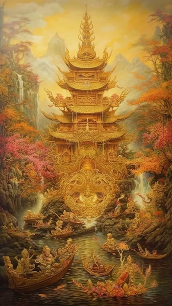 Een schilderij van een tempel met een waterval op de achtergrond.