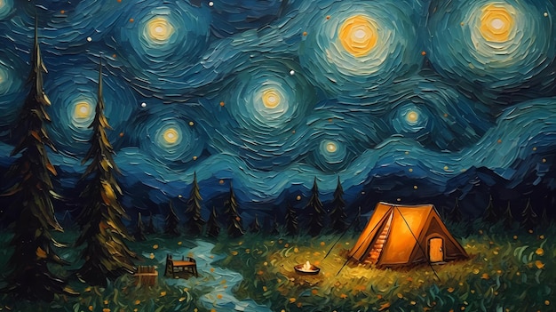 Een schilderij van een tent in het bos met daarboven de nachtelijke hemel.