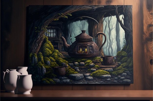 Een schilderij van een theepot in een bos met een vaas op een tafel.